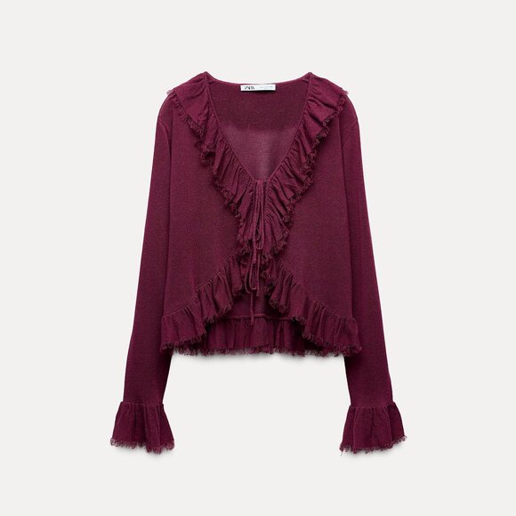 ZARA BURGUNDY KNIT CARDIGAN BLOUSE WITH RUFFLES - Picture 1 of 7